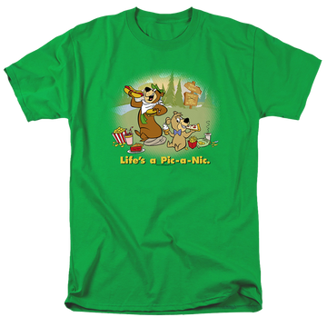 Kelly green men's regular fit t-shirt with Yogi Bear Life's A Picnic graphic