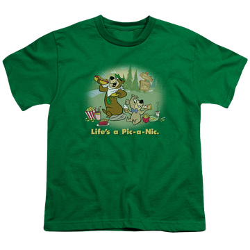 Kelly green youth t-shirt for ages 8 to 12 with Yogi Bear Life's A Picnic graphic