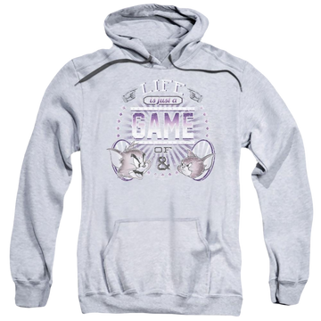Athletic heather pullover hoodie with Tom and Jerry Life Is A Game graphic