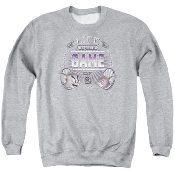 Athletic heather men's crewneck sweatshirt with Tom and Jerry Life Is A Game graphic