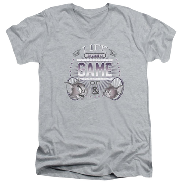 Athletic heather men's v-neck t-shirt with Tom and Jerry Life Is A Game graphic