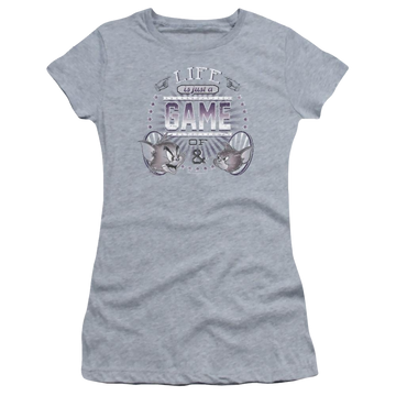 Athletic heather juniors t-shirt with Tom and Jerry Life Is A Game graphic