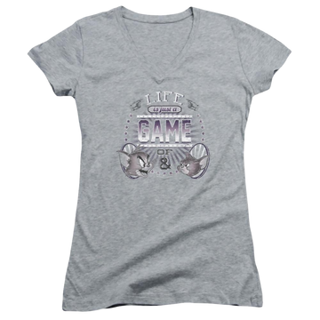 Athletic heather juniors v-neck t-shirt with Tom and Jerry Life Is A Game graphic