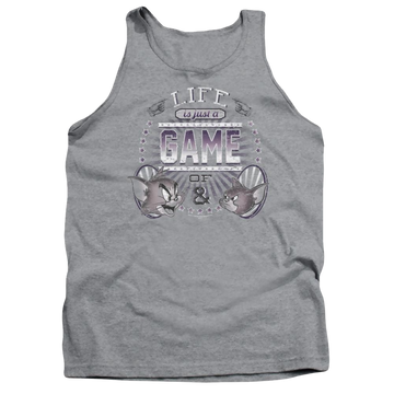 Athletic heather men's tank with Tom and Jerry Life Is A Game graphic