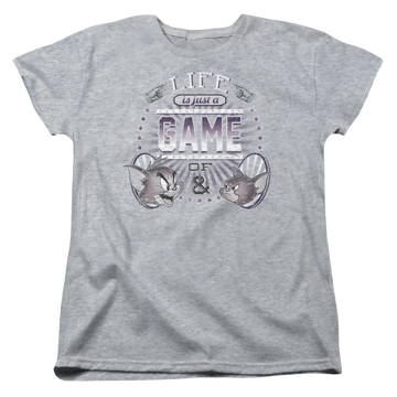 Athletic heather women's t-shirt with Tom and Jerry Life Is A Game graphic