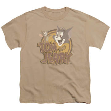 Sand youth t-shirt for ages 8 to 12 with Tom And Jerry/Water Damaged graphic