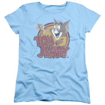 Light blue women's t-shirt with Tom and Jerry Water Damaged graphic