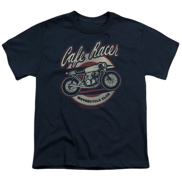 Navy youth t-shirt for ages 8 to 12 with Honda Cafe Racer graphic