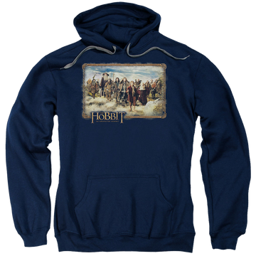 Navy pullover hoodie with Hobbit & Company graphic
