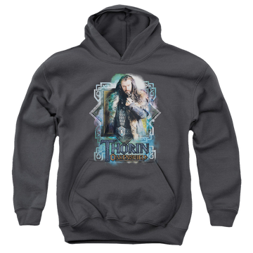 Charcoal youth hoodie for ages 8 to 12 with The Hobbit Thorin Oakenshield graphic