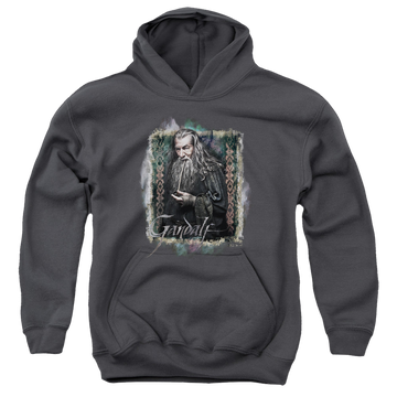 Charcoal youth hoodie for ages 8 to 12 with The Hobbit Gandalf graphic