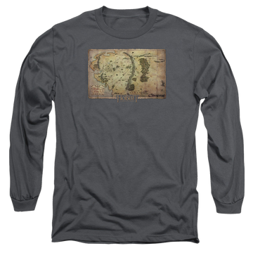 Charcoal men's long sleeve t-shirt with The Hobbit Middle Earth Map graphic