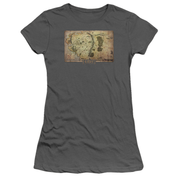 Charcoal juniors t-shirt with The Hobbit Middle Earth Map graphic