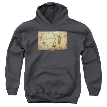 Charcoal youth hoodie for ages 8 to 12 with The Hobbit Middle Earth Map graphic