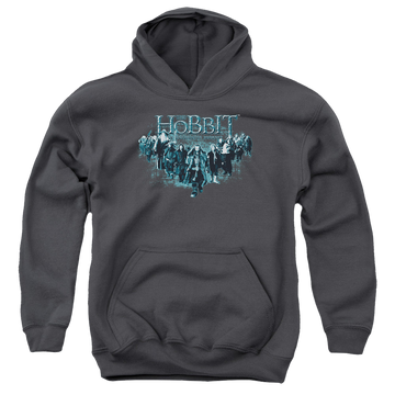 Charcoal youth hoodie for ages 8 to 12 with The Hobbit Thorin And Company graphic