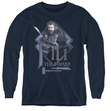 Navy youth long sleeve t-shirt with The Hobbit Fili graphic