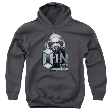 Charcoal youth hoodie for ages 8 to 12 with The Hobbit Oin graphic