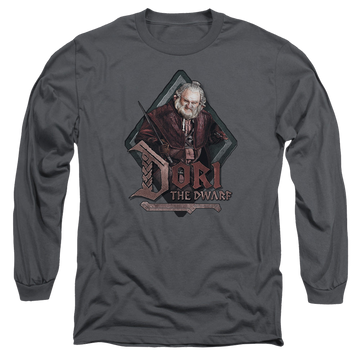 Charcoal men's long sleeve t-shirt with The Hobbit Dori graphic