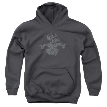 Charcoal youth hoodie for ages 8 to 12 with The Hobbit Goblin King Symbol graphic