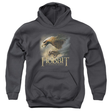 Charcoal youth hoodie for ages 8 to 12 with The Hobbit Great Eagle graphic