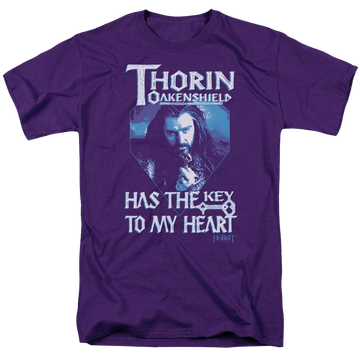 Purple men's regular fit t-shirt with The Hobbit Thorins Key graphic