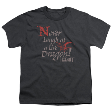 Charcoal youth t-shirt for ages 8 to 12 with The Hobbit Never Laugh graphic