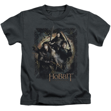 Charcoal kid's t-shirt for ages 4 to 7 with The Hobbit Weapons Drawn graphic