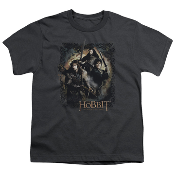 Charcoal youth t-shirt for ages 8 to 12 with The Hobbit Weapons Drawn graphic