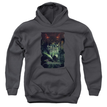 Charcoal youth hoodie for ages 8 to 12 with The Hobbit Taunt graphic