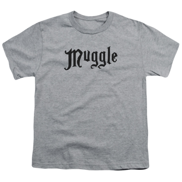 Athletic heather youth t-shirt for ages 8 to 12 with Harry Potter Muggle graphic