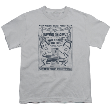 Silver youth t-shirt for ages 8 to 12 with Harry Potter Skiving Snackbox graphic