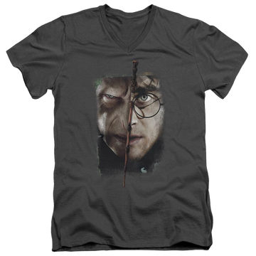 Charcoal men's v-neck t-shirt with Harry Potter It All Ends Here graphic