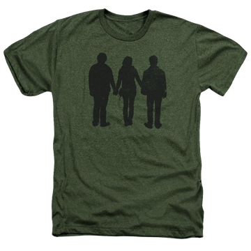 Military green men's heather t-shirt with Harry Potter Three Stand Alone graphic