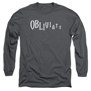 Charcoal men's long sleeve t-shirt with Harry Potter Obliviate graphic