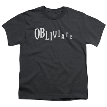 Charcoal youth t-shirt for ages 8 to 12 with Harry Potter Obliviate graphic