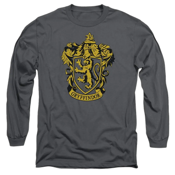Charcoal men's long sleeve t-shirt with yellow and black Gryffindor crest on front.