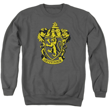 Charcoal crewneck sweatshirt with large yellow Gryffindor crest from Harry Potter on front.