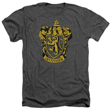 Charcoal heather men's t-shirt with gold Harry Potter Gryffindor crest centered on front.
