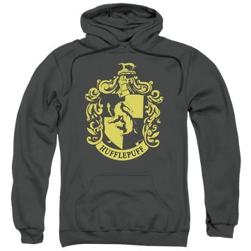Charcoal hoodie with yellow Hufflepuff crest and kangaroo pocket, drawstring hood.