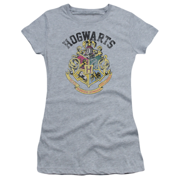 Athletic heather juniors t-shirt with Harry Potter Hogwarts Crest graphic