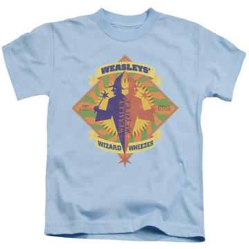 Light blue kid's t-shirt for ages 4 to 7 with Harry Potter Wizard Wheezes graphic