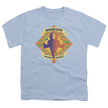 Light blue youth t-shirt for ages 8 to 12 with Harry Potter Wizard Wheezes graphic