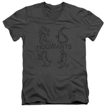 Charcoal men's v-neck t-shirt with Harry Potter Literary Crests graphic