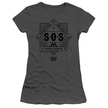 Charcoal juniors t-shirt with Harry Potter Sos Task Force graphic