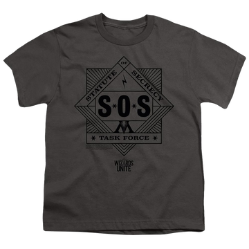 Charcoal youth t-shirt for ages 8 to 12 with Harry Potter Sos Task Force graphic