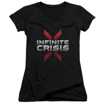 Black juniors v-neck t-shirt with Infinite Crisis Logo graphic