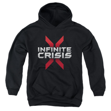 Black youth hoodie for ages 8 to 12 with Infinite Crisis Logo graphic