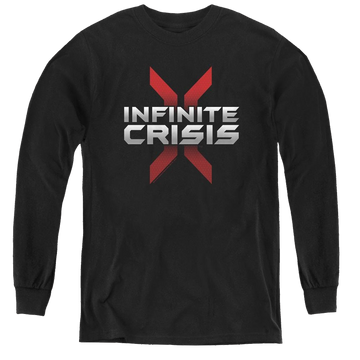 Black youth long sleeve t-shirt with Infinite Crisis Logo graphic