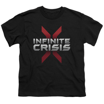 Black youth t-shirt for ages 8 to 12 with Infinite Crisis Logo graphic