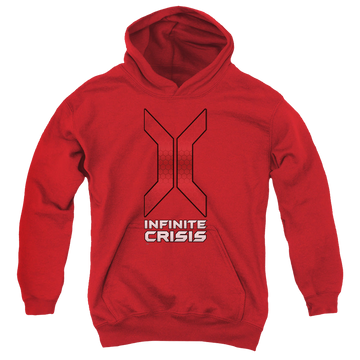 Red youth hoodie for ages 8 to 12 with Infinite Crisis Title graphic